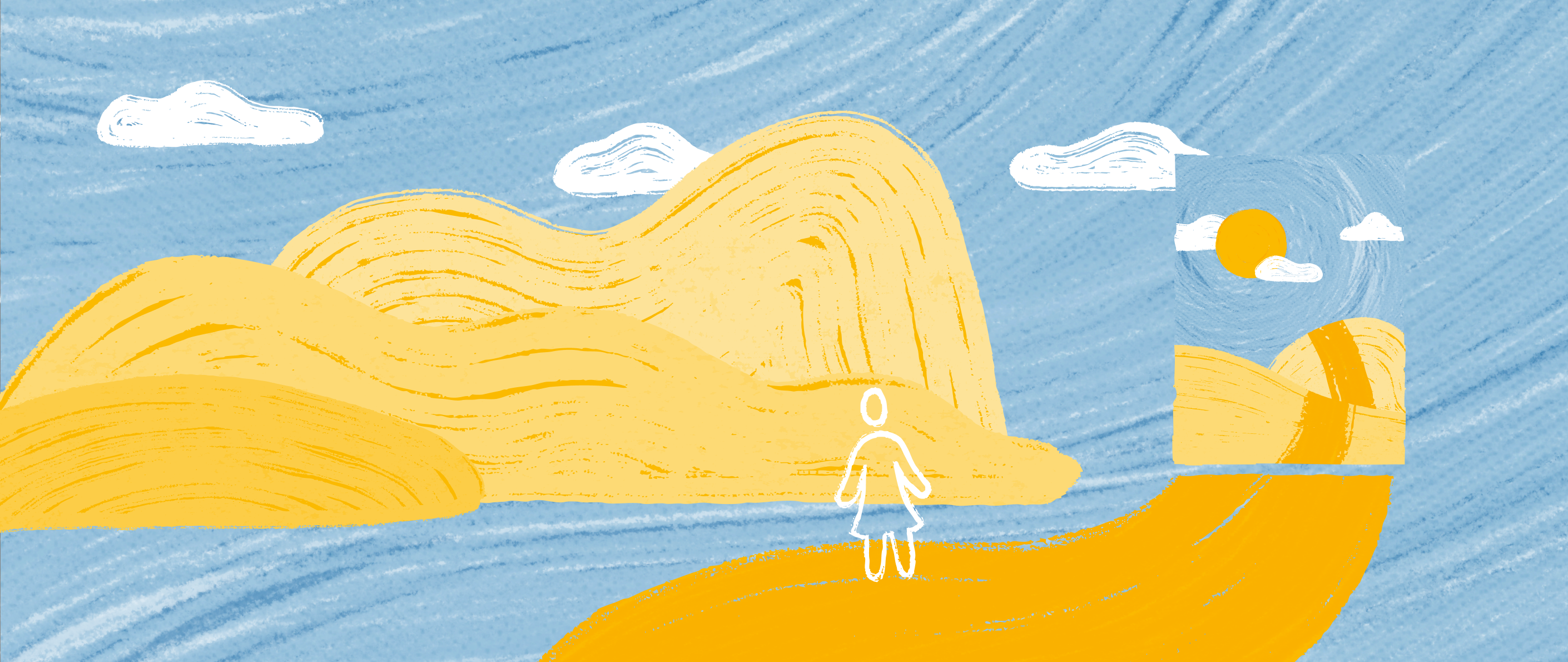 An illustration of a woman walking by three hills, towards a doorway which has sun and clouds through it.