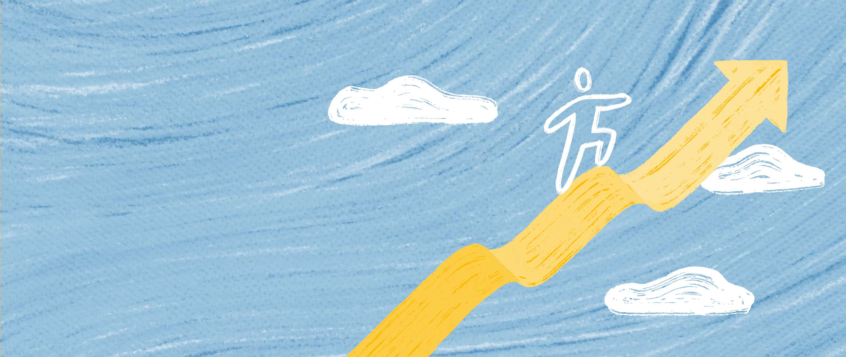 An illustration of a man climbing up an forward facing arrow, with clouds in the sky.