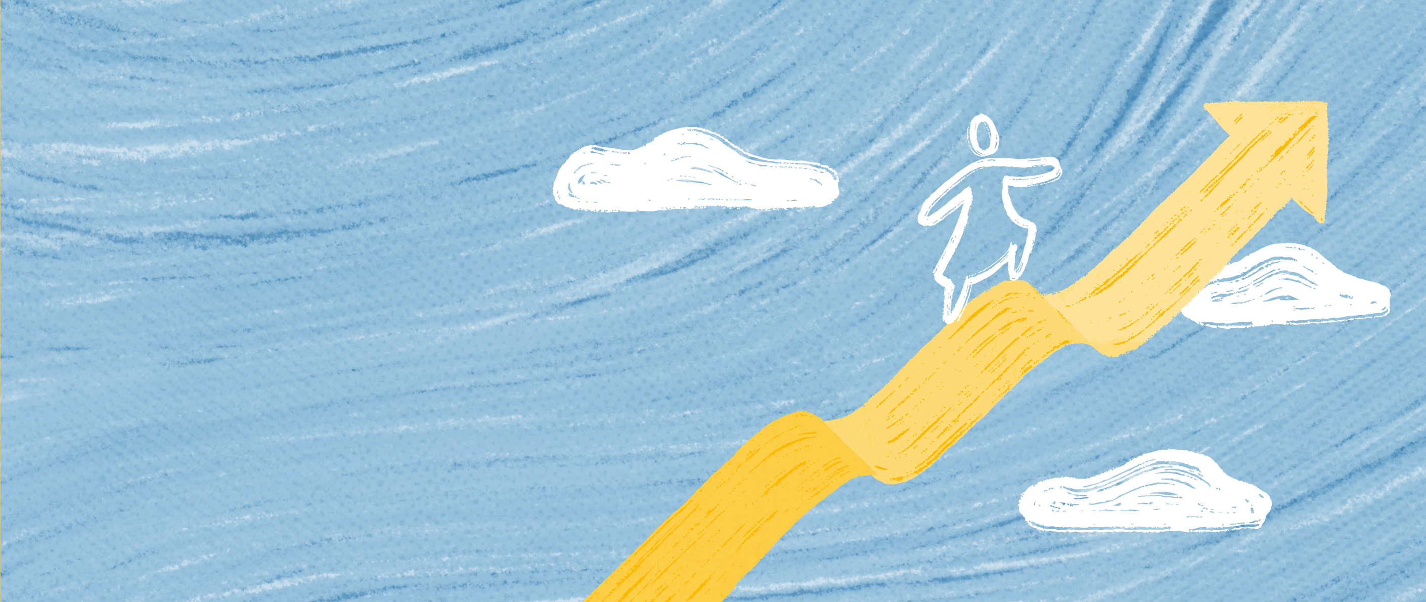 An illustration of a woman climbing up an forward facing arrow, with clouds in the sky.