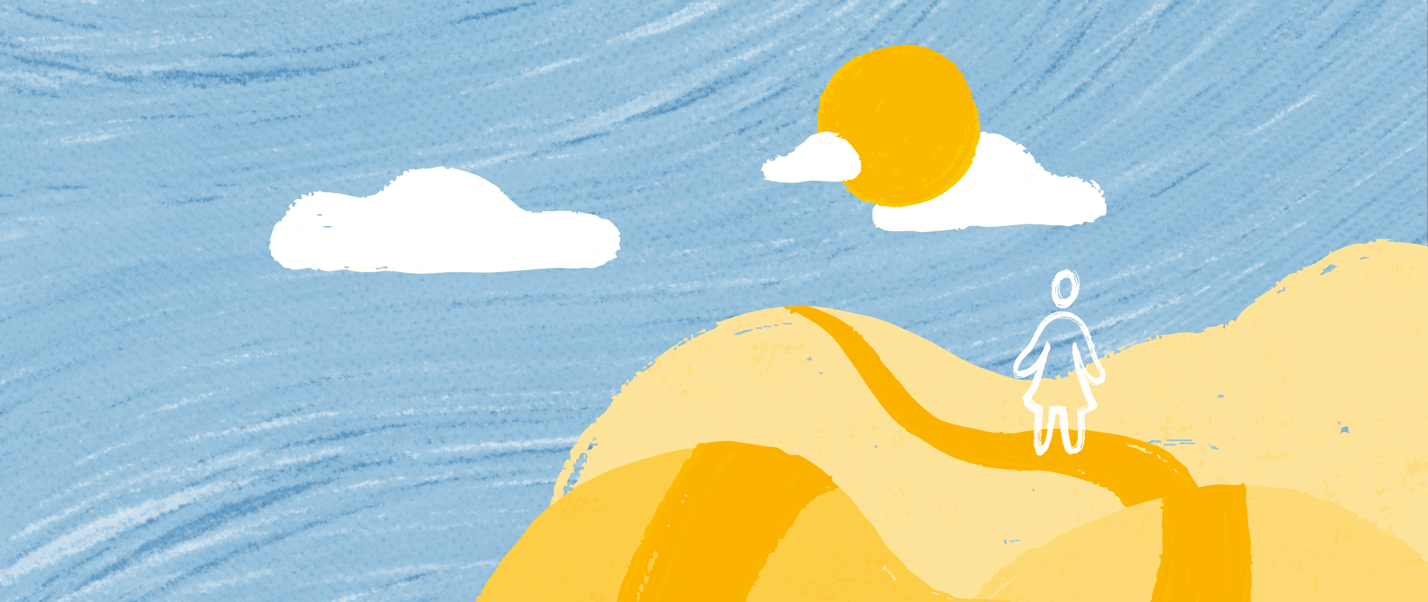 An illustration of a woman walking on a path along three hills, with a sun and clouds in the sky.