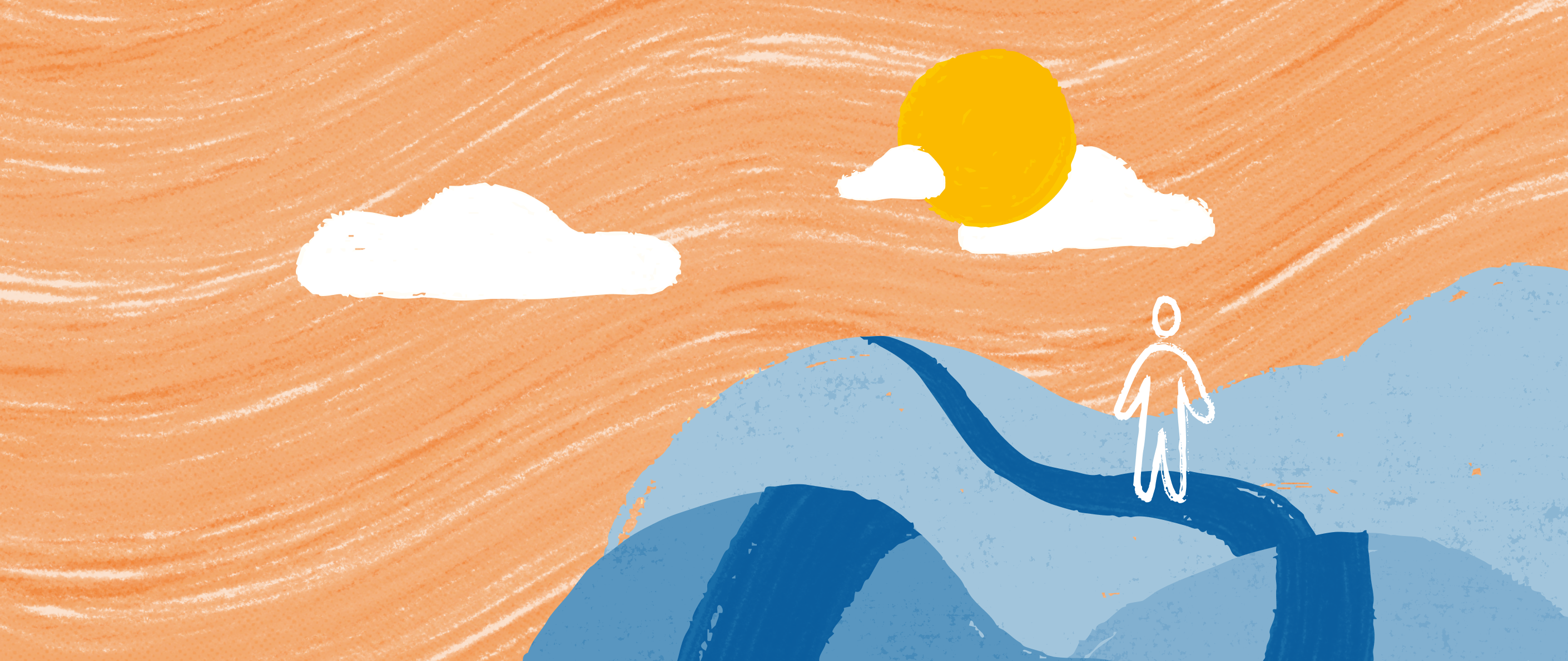 An illustration of a man walking on a path along three hills, with a sun and clouds in the sky.
