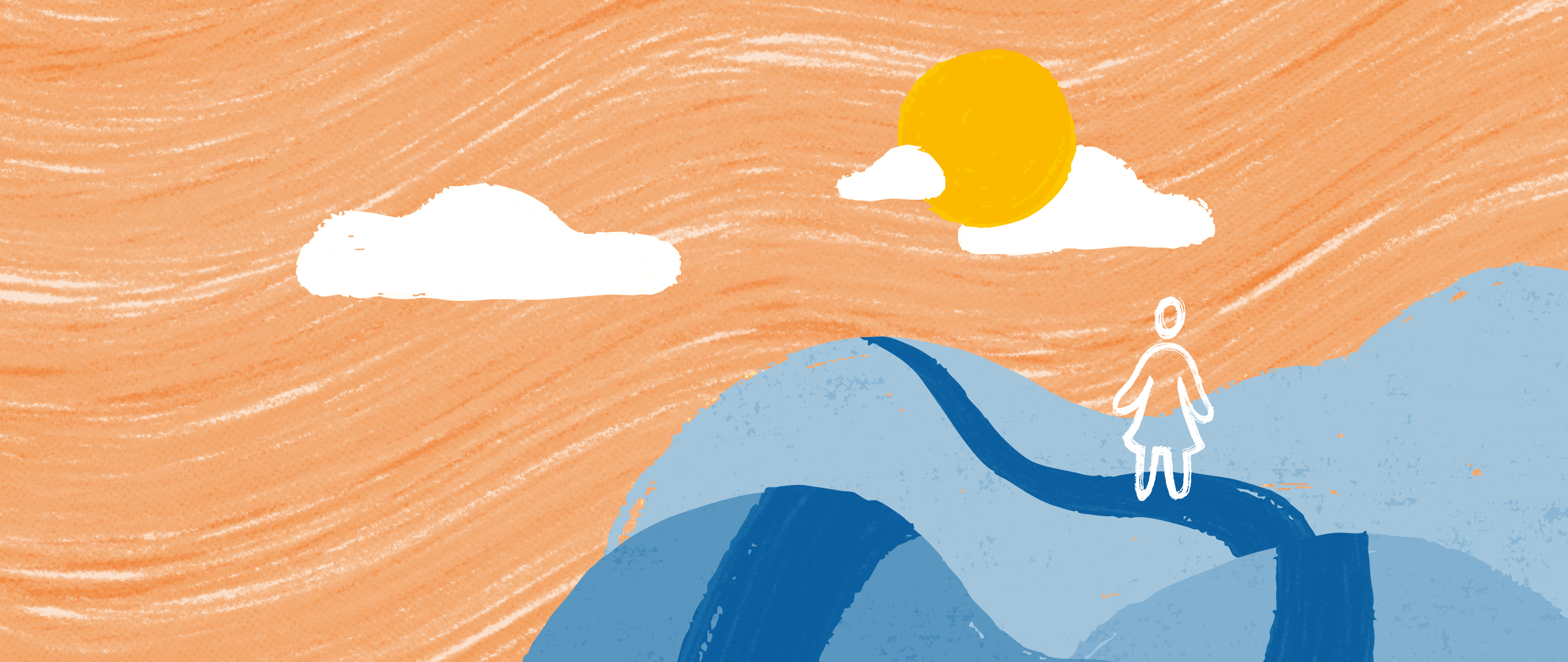 An illustration of a woman walking on a path along three hills, with a sun and clouds in the sky.