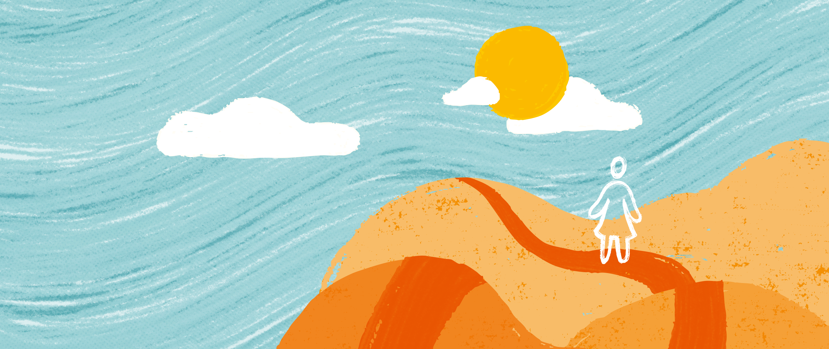 An illustration of a person walking along a hillside, clouds and the sun are shown in the background