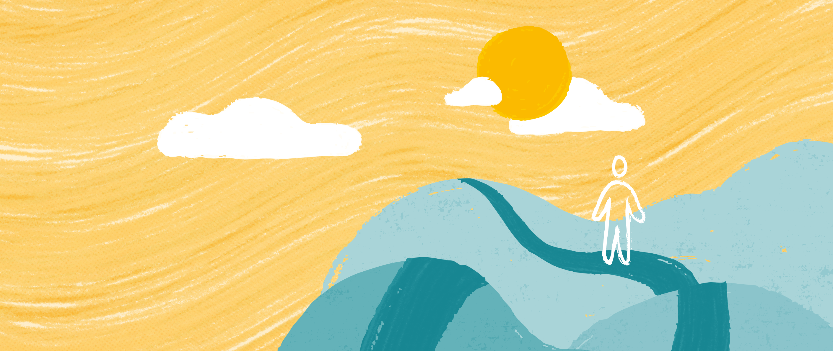 An illustration of a man walking on a path along three hills, with a sun and clouds in the sky.