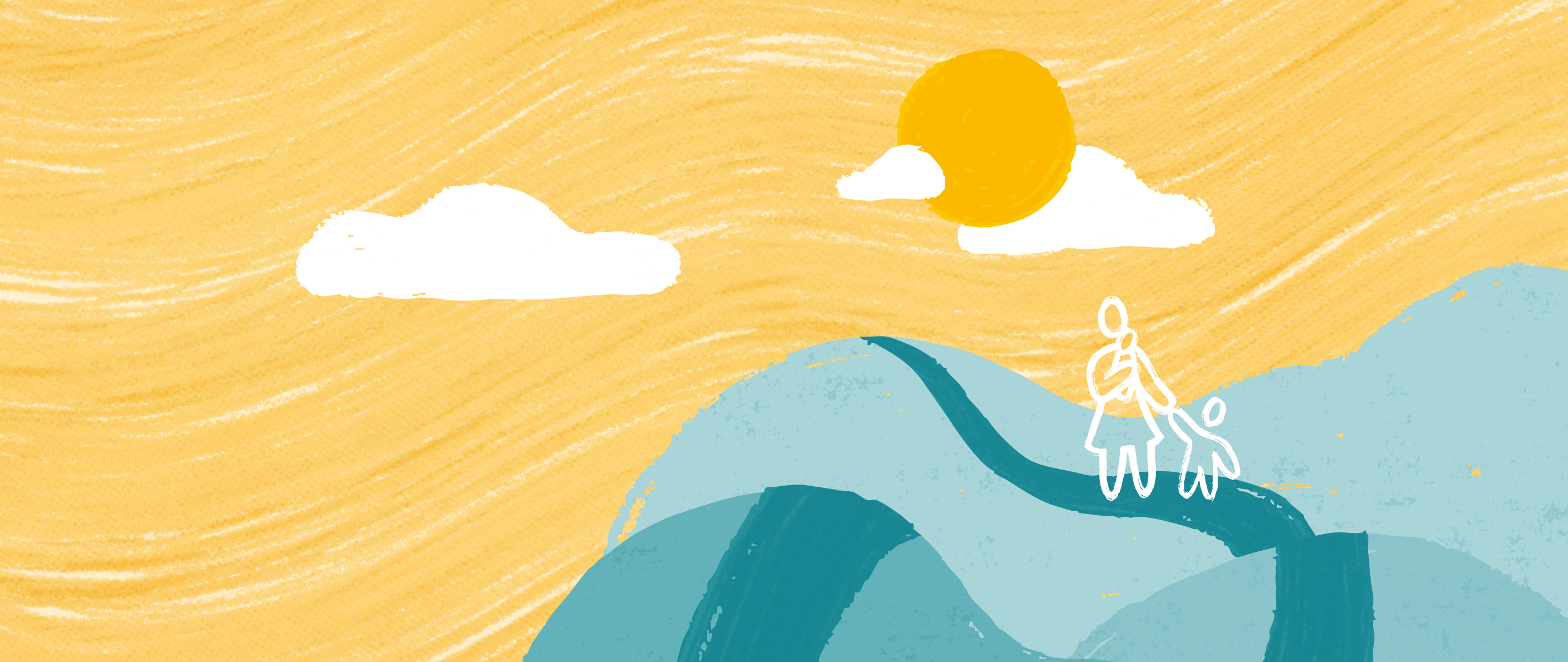 An illustration of a mother with two children walking on a path along three hills, with a sun and clouds in the sky.