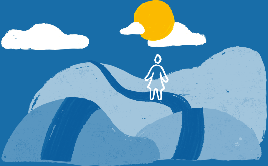 An illustration of a woman walking on a path along three hills, with a sun and clouds in the sky.