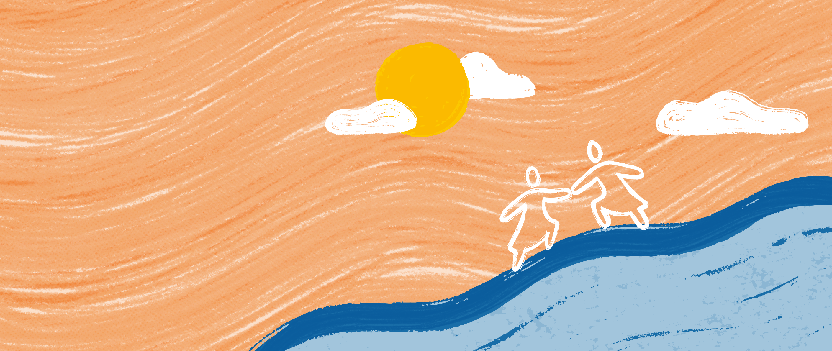 An illustration of a woman helping another woman up a hill along a path, with a sun and clouds in the sky.