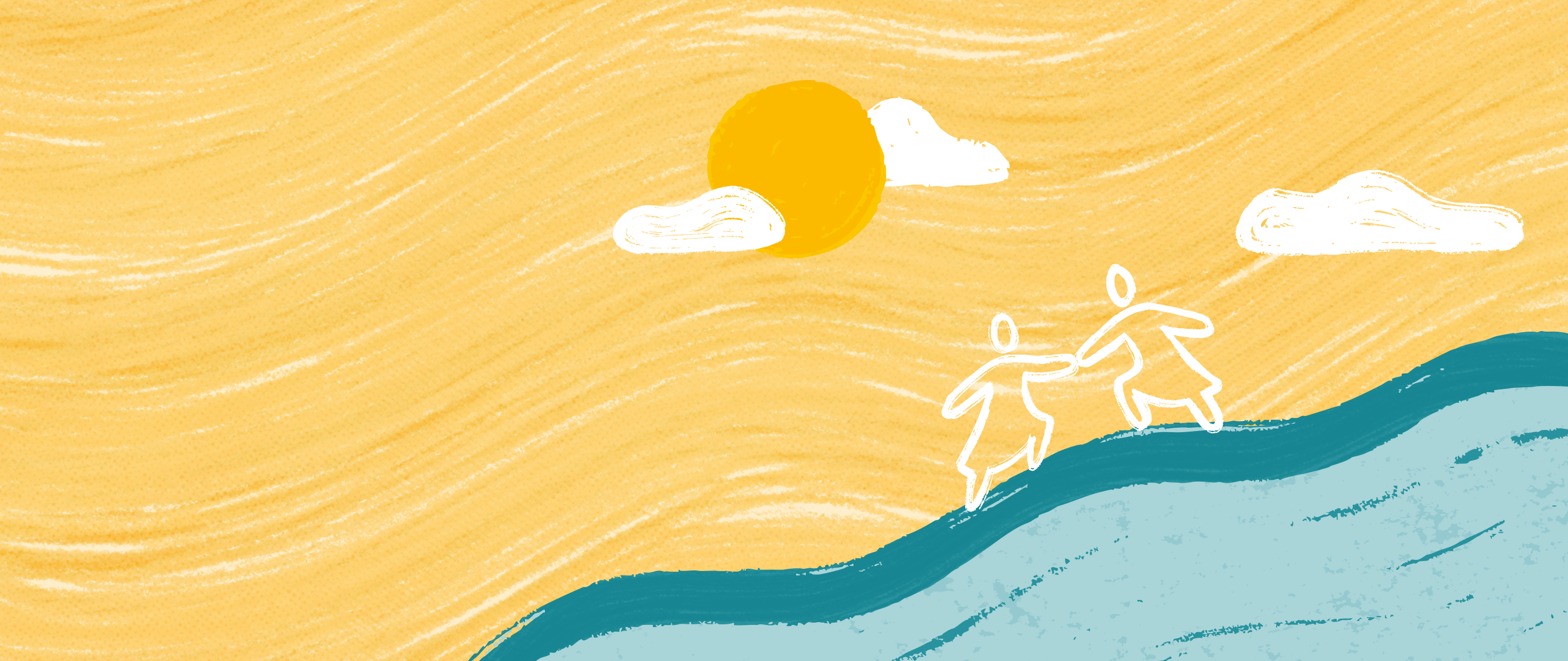 An illustration of a woman helping another woman up a hill along a path, with a sun and clouds in the sky.