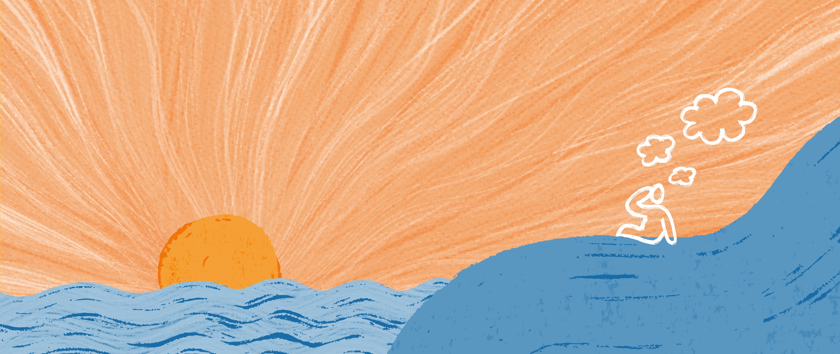 A person sat on a hill watching the sunsetting over the ocean.