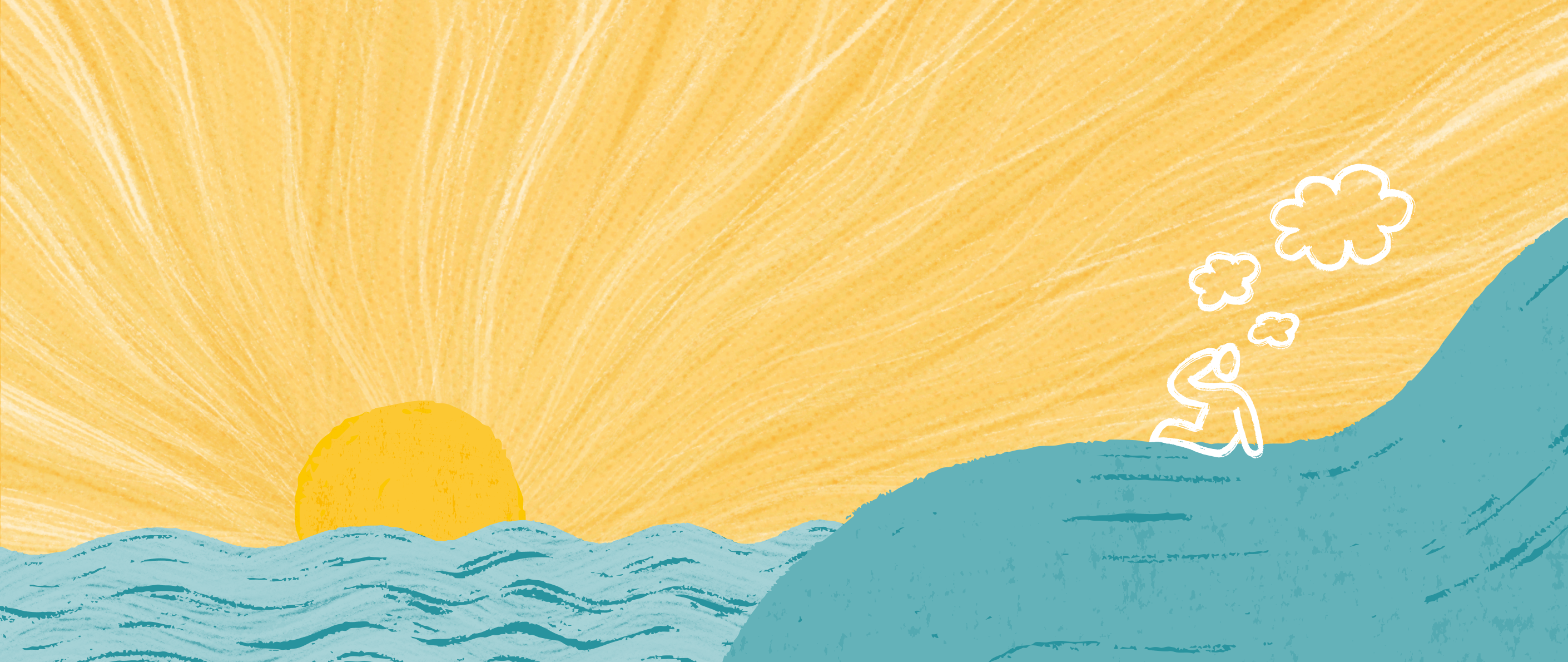 A person sat on a hill watching the sunsetting over the ocean.